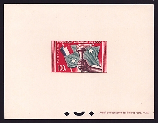 1957 100fr Togo 'Flag and Torch' Airmail Proof Sheetlet, Epreuve de Luxe, French Community Deluxe Presentation Miniature Sheet