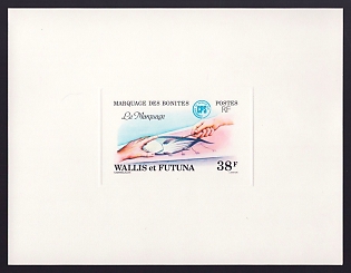 1979 38fr Wallis and Futuna 'Measuring tuna' Sunken Proof Sheetlet, Epreuve de Luxe, French Community Deluxe Presentation Miniature Sheet