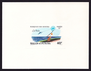 1979 40fr Wallis and Futuna 'Angler catching tuna' Sunken Proof Sheetlet, Epreuve de Luxe, French Community Deluxe Presentation Miniature Sheet
