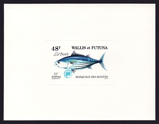 1979 48fr Wallis and Futuna 'Adult tuna' Sunken Proof Sheetlet, Epreuve de Luxe, French Community Deluxe Presentation Miniature Sheet