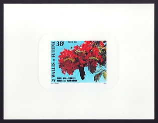 1986 38fr Wallis and Futuna 'Flamboyants' Sunken Proof Sheetlet, Epreuve de Luxe, French Community Deluxe Presentation Miniature Sheet