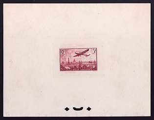 1936 3fr France 'Plane over Paris' Sunken Airmail Trial Color Proof Sheetlet, Epreuve de Luxe, Deluxe Presentation Miniature Sheet