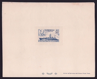 1939 90c France 'Georges Clemenceau and Battleship Clemenceau' Sunken Trial Color Proof Sheetlet, Epreuve de Luxe, Deluxe Presentation Miniature Sheet