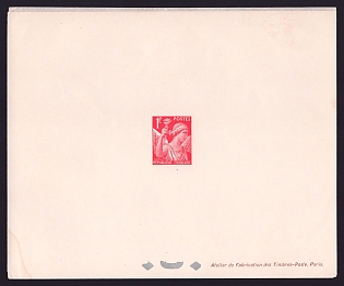 1939-44 1fr France 'Iris' Trial Color Proof Sheetlet, Epreuve de Luxe, Deluxe Presentation Miniature Sheet
