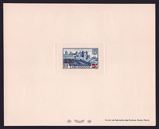 1940-41 2.50fr France 'Carcassonne Surcharged' Sunken Trial Color Proof Sheetlet, Epreuve de Luxe, Deluxe Presentation Miniature Sheet