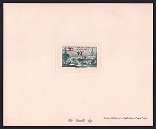 1940-41 10fr France 'Saint-Malo Surcharged' Sunken Trial Color Proof Sheetlet, Epreuve de Luxe, Deluxe Presentation Miniature Sheet
