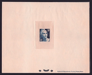 1945-46 10fr France 'Marianne' Sunken Trial Color Proof Sheetlet, Epreuve de Luxe, Deluxe Presentation Miniature Sheet