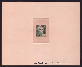 1945-46 20fr France 'Marianne' Sunken Trial Color Proof Sheetlet, Epreuve de Luxe, Deluxe Presentation Miniature Sheet