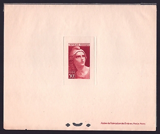1945 50fr France 'Marianne' Sunken Trial Color Proof Sheetlet, Epreuve de Luxe, Deluxe Presentation Miniature Sheet