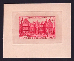 1948 12fr France 'Luxembourg Palace – Paris' Sunken Trial Color Proof Sheetlet, Epreuve de Luxe, Deluxe Presentation Miniature Sheet