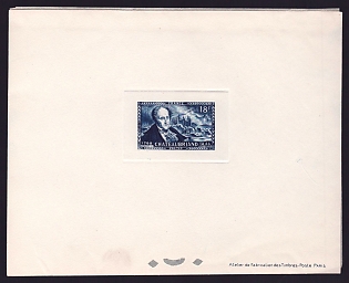 1948 18fr France 'Francois Rene de Chateaubriand' Sunken Trial Color Proof Sheetlet, Epreuve de Luxe, Deluxe Presentation Miniature Sheet