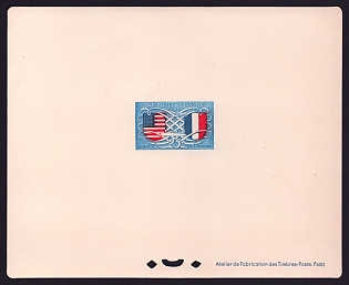 1949 25fr France 'US and French Flags, Plane and Steamship' Trial Color Proof Sheetlet, Epreuve de Luxe, Deluxe Presentation Miniature Sheet