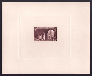 1949 25fr France 'Cloister of St. Wandrille Abbey' Sunken Trial Color Proof Sheetlet, Epreuve de Luxe, Deluxe Presentation Miniature Sheet