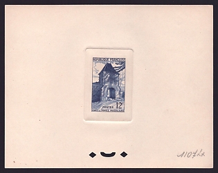 1952 12fr France 'Gate of France, Vaucouleurs' Sunken Trial Color Proof Sheetlet, Epreuve de Luxe, Deluxe Presentation Miniature Sheet
