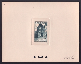 1952 12fr France 'Gate of France, Vaucouleurs' Sunken Trial Color Proof Sheetlet, Epreuve de Luxe, Deluxe Presentation Miniature Sheet