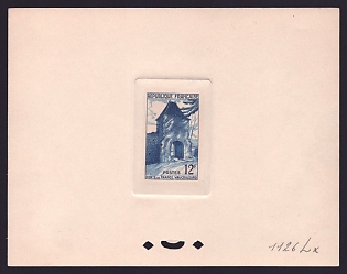 1952 12fr France 'Gate of France, Vaucouleurs' Sunken Trial Color Proof Sheetlet, Epreuve de Luxe, Deluxe Presentation Miniature Sheet