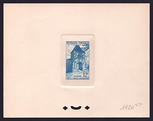 1952 12fr France 'Gate of France, Vaucouleurs' Sunken Trial Color Proof Sheetlet, Epreuve de Luxe, Deluxe Presentation Miniature Sheet