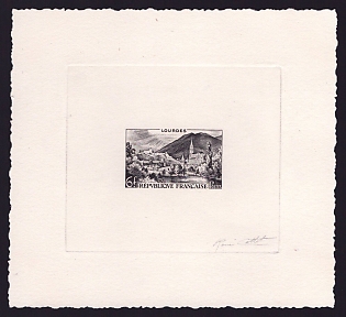 1954 6fr France 'View of Lourdes' Sunken Trial Color Proof Sheetlet, Epreuve de Luxe, Deluxe Presentation Miniature Sheet