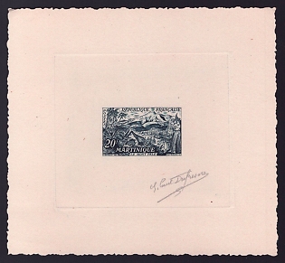 1955 20fr France 'Mount Pelee, Martinique' Sunken Trial Color Proof Sheetlet, Epreuve de Luxe, Deluxe Presentation Miniature Sheet