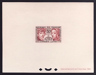 1956 30fr France 'Symbols of Latin American and French Culture' Proof Sheetlet, Epreuve de Luxe, Deluxe Presentation Miniature Sheet