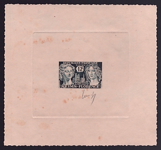 1956 12fr France '"The Smile of Reims" and Botticelli's "Spring"' Sunken Trial Color Proof Sheetlet, Epreuve de Luxe, Deluxe Presentation Miniature Sheet