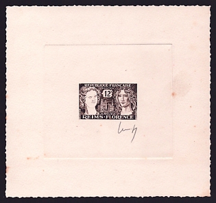 1956 12fr France '"The Smile of Reims" and Botticelli's "Spring"' Sunken Trial Color Proof Sheetlet, Epreuve de Luxe, Deluxe Presentation Miniature Sheet