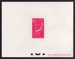 1957 18fr France 'Victor Schoelcher' Trial Color Proof Sheetlet, Epreuve de Luxe, Deluxe Presentation Miniature Sheet