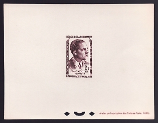 1957 8fr France 'Jean Moulin' Trial Color Proof Sheetlet, Epreuve de Luxe, Deluxe Presentation Miniature Sheet