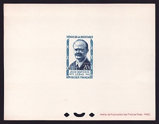 1957 20fr France 'Jean-Baptiste Lebas' Trial Color Proof Sheetlet, Epreuve de Luxe, Deluxe Presentation Miniature Sheet