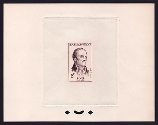 1958 8fr France 'Dr. Philippe Pinel' Sunken Trial Color Proof Sheetlet, Epreuve de Luxe, Deluxe Presentation Miniature Sheet