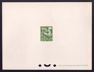 1959 20c France 'Gallic Cock Type of 1954' Trial Color Proof Sheetlet, Epreuve de Luxe, Deluxe Presentation Miniature Sheet