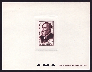 1959 50fr France 'Jean Jaures' Sunken Trial Color Proof Sheetlet, Epreuve de Luxe, Deluxe Presentation Miniature Sheet