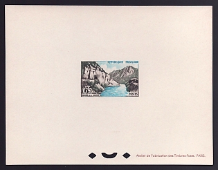 1960 65c France 'Sioule Valley' Proof Sheetlet, Epreuve de Luxe, Deluxe Presentation Miniature Sheet
