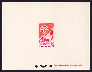 1961 20c France 'Mont-Dore, Snowflake and Cable Car' Proof Sheetlet, Epreuve de Luxe, Deluxe Presentation Miniature Sheet