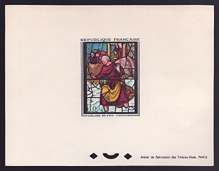 1963 1fr France 'St. Peter, Window at St. Foy de Conches' Proof Sheetlet, Epreuve de Luxe, Deluxe Presentation Miniature Sheet
