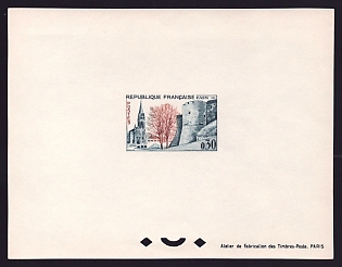 1963 30c France 'St. Peter's Church and Ramparts, Caen' Proof Sheetlet, Epreuve de Luxe, Deluxe Presentation Miniature Sheet