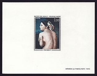 1967 1fr France 'The Bather by Jean-Dominique Ingres' Proof Sheetlet, Epreuve de Luxe, Deluxe Presentation Miniature Sheet