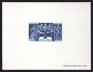 1967 40c France 'Election of Hugh Capet as King, horiz' Proof Sheetlet, Epreuve de Luxe, Deluxe Presentation Miniature Sheet