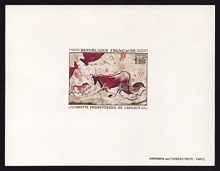 1968 1fr France 'Prehistoric Paintings, Lascaux Cave' Proof Sheetlet, Epreuve de Luxe, Deluxe Presentation Miniature Sheet
