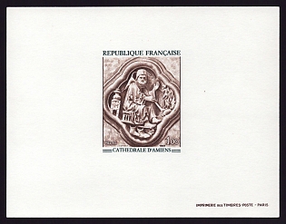 1969 1fr France '‘February’ Bas-relief from Amiens Cathedral' Trial Color Proof Sheetlet, Epreuve de Luxe, Deluxe Presentation Miniature Sheet