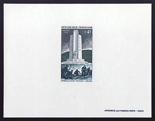 1969 45c France 'Monument of the French Resistance, Mt. Mouchet' Proof Sheetlet, Epreuve de Luxe, Deluxe Presentation Miniature Sheet