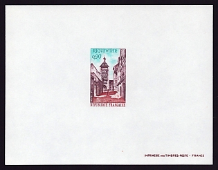 1971 90c France 'Tower and street, Riquewihr' Proof Sheetlet, Epreuve de Luxe, Deluxe Presentation Miniature Sheet