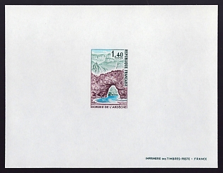 1971 1.40fr France 'Pont d'Arc, Ardeche Gorge' Proof Sheetlet, Epreuve de Luxe, Deluxe Presentation Miniature Sheet