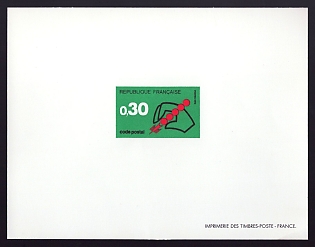 1972 30c France 'Hand Holding Symbol of Postal Code' Proof Sheetlet, Epreuve de Luxe, Deluxe Presentation Miniature Sheet