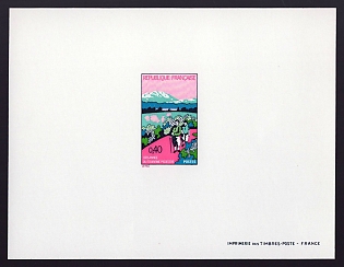 1972 40c France 'Hikers and Mt. Aigoual' Proof Sheetlet, Epreuve de Luxe, Deluxe Presentation Miniature Sheet