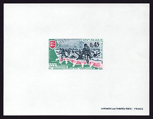 1974 45c France 'Americans Landing in Normandy and Arms of Normandy' Proof Sheetlet, Epreuve de Luxe, Deluxe Presentation Miniature Sheet