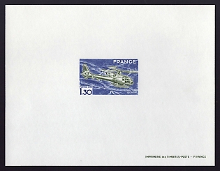 1975 1.30fr France '“Gazelle” Helicopter' Proof Sheetlet, Epreuve de Luxe, Deluxe Presentation Miniature Sheet