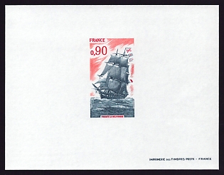 1975 90c France 'Frigate Melpomene' Proof Sheetlet, Epreuve de Luxe, Deluxe Presentation Miniature Sheet