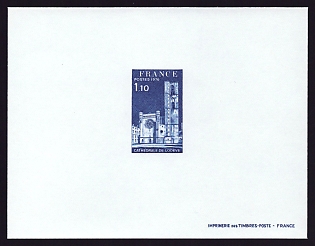 1976 1.10fr France 'Lodeve Calhedral' Trial Color Proof Sheetlet, Epreuve de Luxe, Deluxe Presentation Miniature Sheet