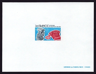 1976 1fr France 'Old and New Telephones' Proof Sheetlet, Epreuve de Luxe, Deluxe Presentation Miniature Sheet